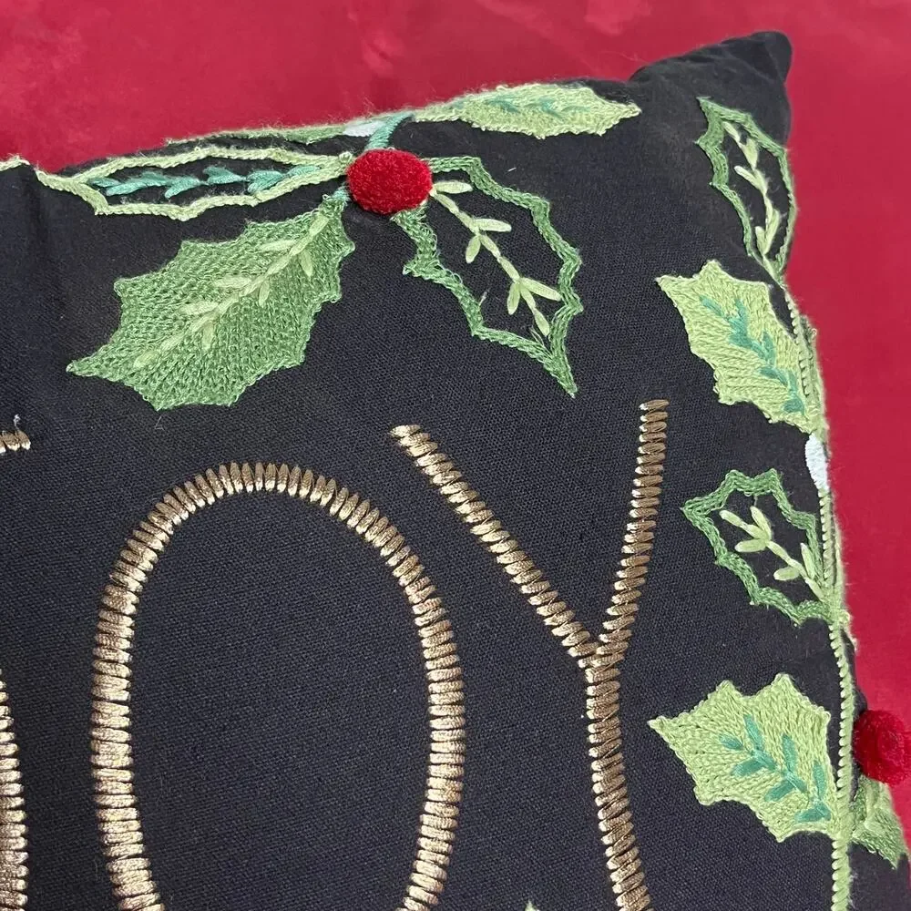 Pier 1 Holiday Accent Pillow 'JOY' Holly Leaves Berries Embroidered Christmas